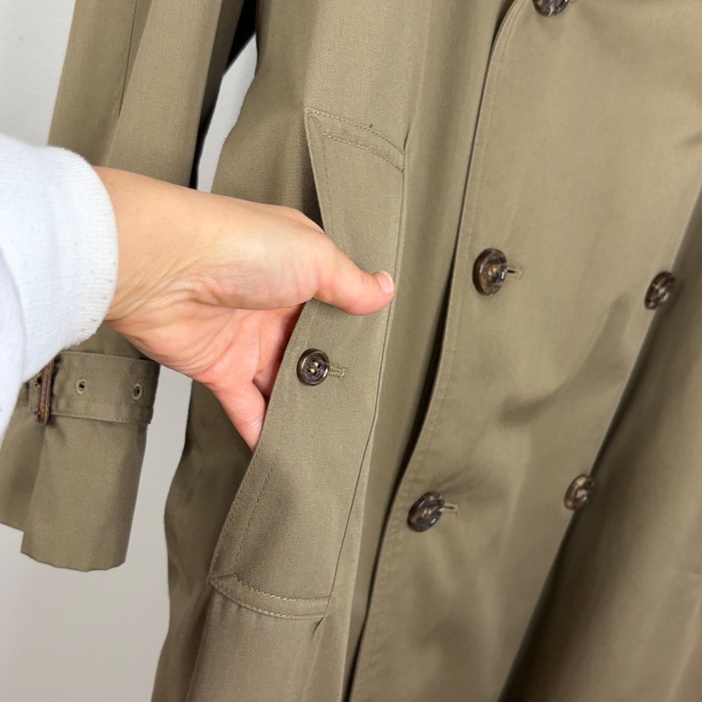 Classic Khaki Trench Coat with Dark Green Collar - Picture 7 of 16